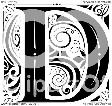 Clipart Of A Black And White Vintage Letter D Monogram Royalty Free