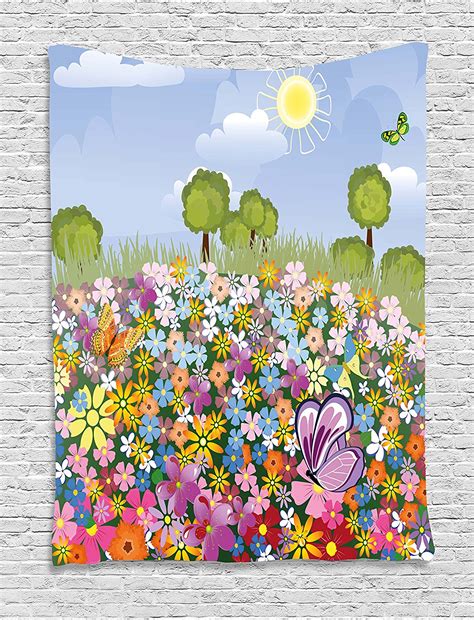 Nursery Tapestry Flourishing Spring Meadow With Colorful Blossoms Butterflies Trees Growth