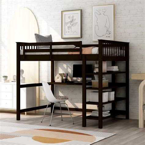 klmm loft bed wooden loft bed frame with storage shelves and under bed desk full length