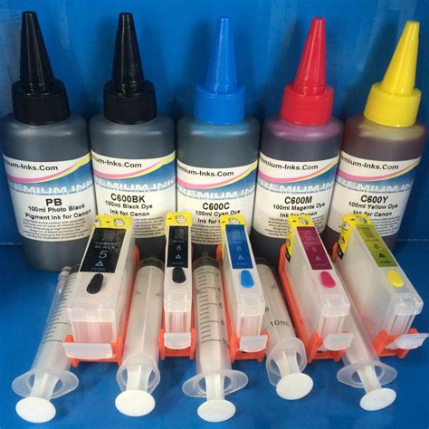 5 REFILLABLE CARTRIDGES + 500ml PIGMENT/DYE REFILL INK FOR CANON CLI-8 ...