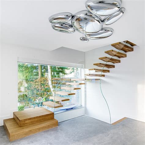 Floating Staircase With Wood Treads Stairs Glass Railing Hidden