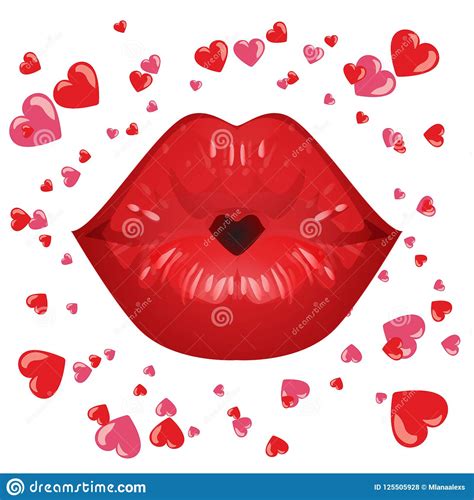 Red Lips In A Kiss Of Love And Red Heart Isolated On White Stock