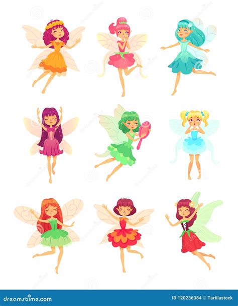 Cartoon Fairy Girls Cute Fairies Dancing In Colorful Dresses Magic
