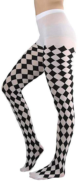 Tobeinstyle Women S Harlequin Designed Opaque Pantyhose Full Footed Black White Fashion Socks