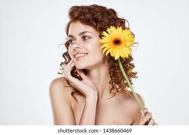 Yellow Flower Curly Hair Nude Shoulders Stock Photo 1438660469