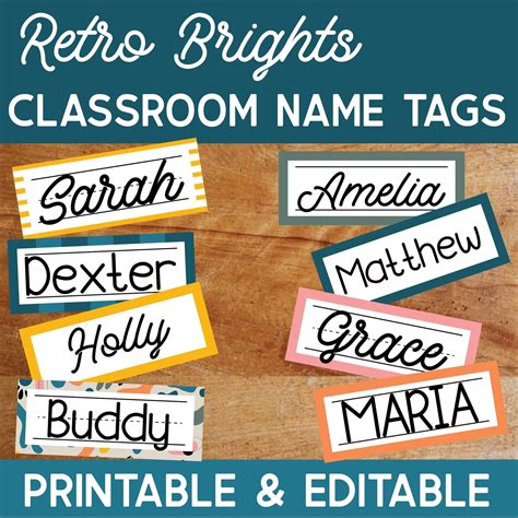 retro brights editable classroom name tags printable name etsy classroom name tags name