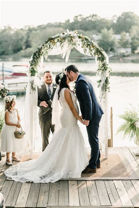 Bride And Groom First Kiss As Husband And Wife Lakeside Ceremony