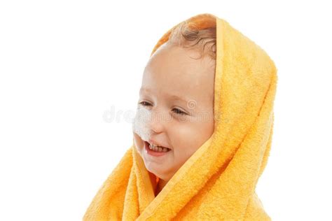 Little Boy Wearing Yellow Towel Sitting After Bath Or Shower Stock