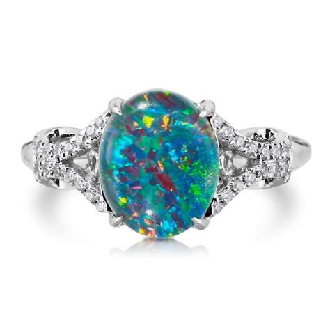Natural Opal Ring 18k White Gold And 12ct Genuine Diamonds Rare