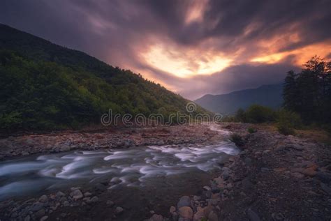 Fast Mountain River Flowing In Sunset Time Stock Photo Image Of Mood