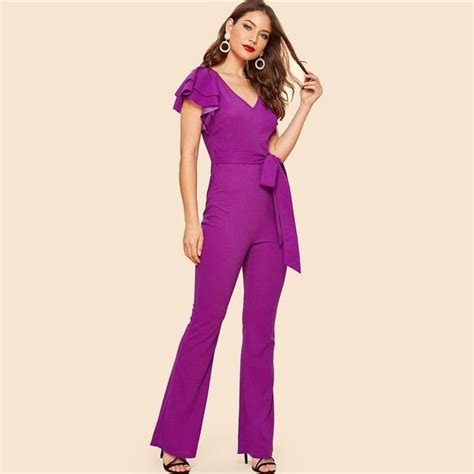 C4b Purple Layered Sleeve Belted Flare Leg Plain Jumpsuit 2019 Spring V Neck High Waist