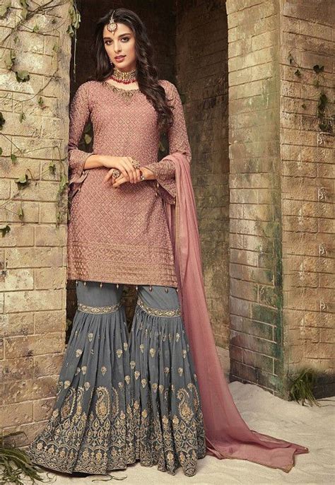 Embroidered Georgette Pakistani Suit In Old Rose Indian Outfits