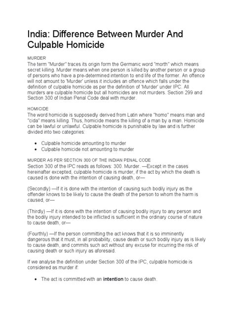Difference Between Murder And Culpable Homicide Pdf Murder Homicide