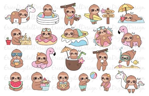 Cute Sloths Clipart Kawaii Summer Sloth Beach Pool Party Etsy