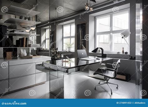 Modernist Office With Stark Metallic Furniture And Clean Lines Stock