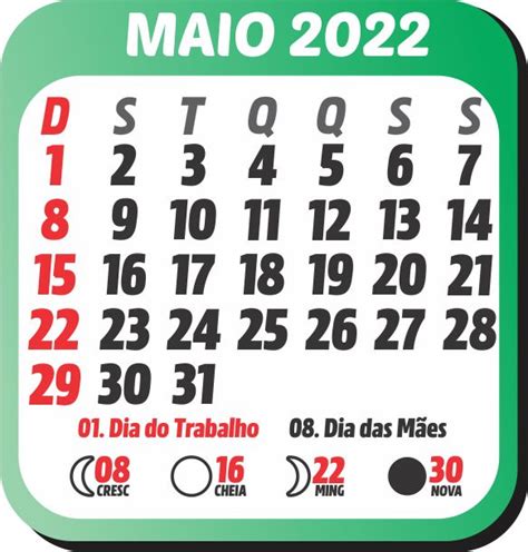 Calendário 2022 Maio Com Feriados Fases Da Lua Para Imprimire Ou Criar