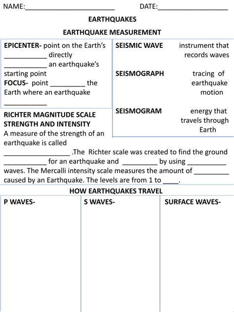 Earthquakes And Seismic Waves Worksheet