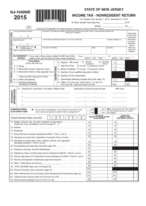 Fillable Form Nj 1040nr Non Resident Income Tax Return 2015