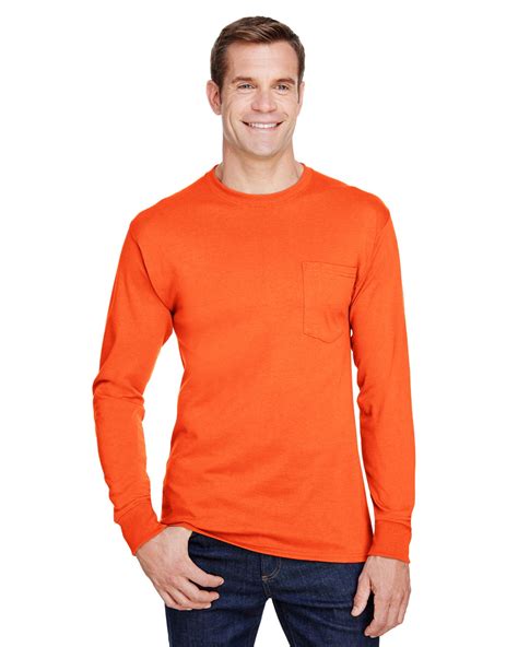 Hanes The Adult Workwear Long Sleeve Pocket T Shirt Safety Orange