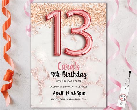 13th Birthday Marble Rosegold Balloons Invitation Printable Template 13 Editable Invitation