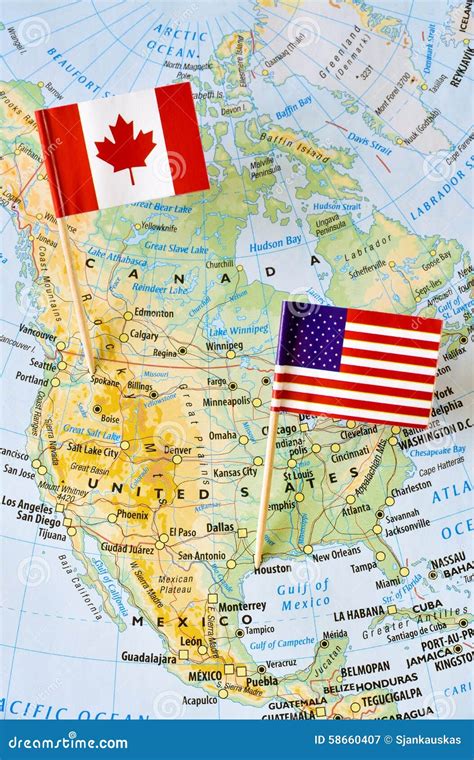 Canada And Usa Flag Pin On Map Stock Image Image Of Grid Country