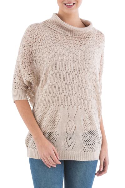 Beige Pullover Sweater With Three Quarter Length Sleeves Evening
