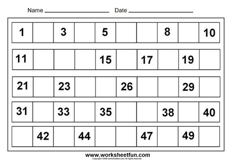Number recognition is a prerequisite to success in math in the later years. free-printable-missing-numbers-1-50 | Free printable math ...