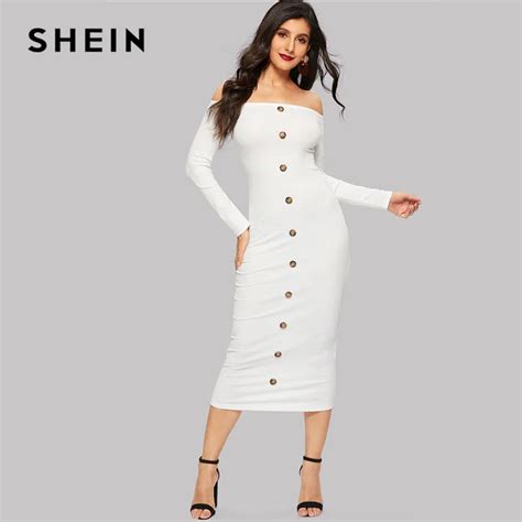 Shein Plain White Single Breasted Ribbed Knit Women Bodycon Dress Spring Elegant Off The