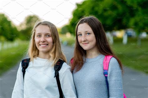 Two Girl Friends Schoolgirl Girls Rest After School Summer In Nature