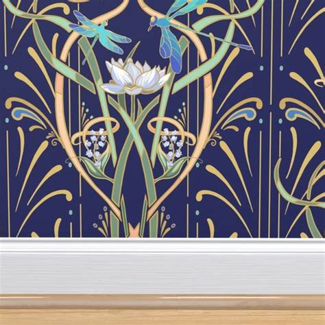 Art Nouveau Dragonflies Wallpaper Navy Wallpaper Spoonflower