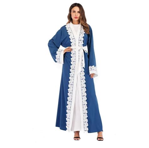 Long Lace Stitching Abayas Islamic Women Dubai Loose Cardigan Robes