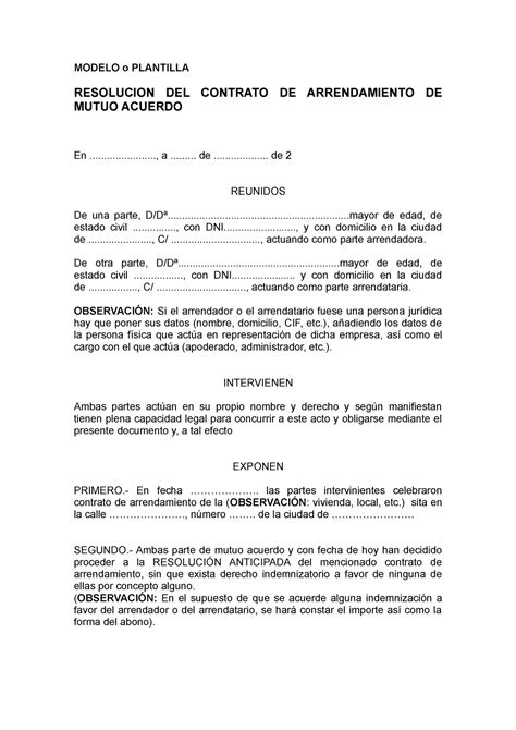 Resolucion Del Contrato De Arrendamiento De Mutuo Acuerdo Modelo O