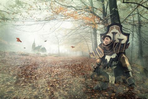 Fantasy Knight Resting In A Dark Forest Stock Image Image Of Security