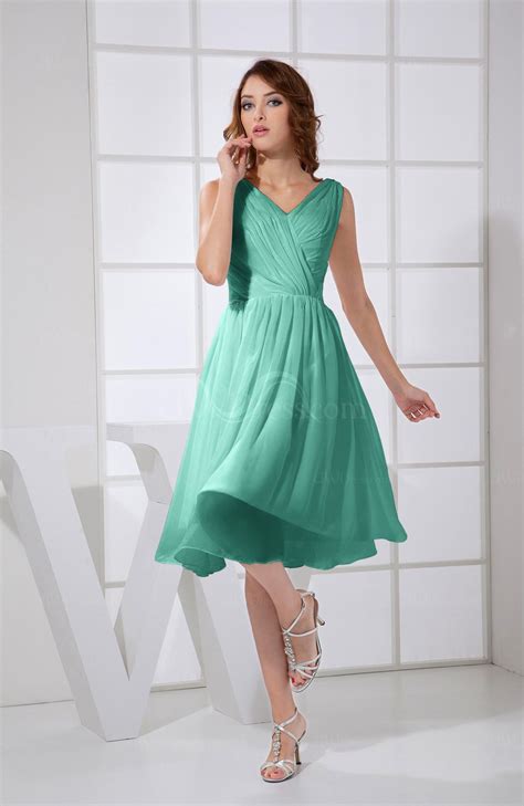 Mint Green Plain A Line V Neck Sleeveless Knee Length Prom Dresses