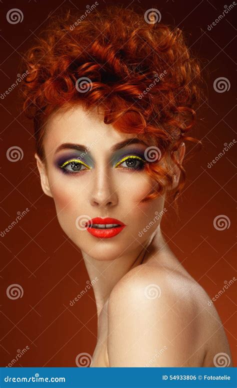 Red Haired Beautiful Girl With Bright Makeup Stock Photo Image Of