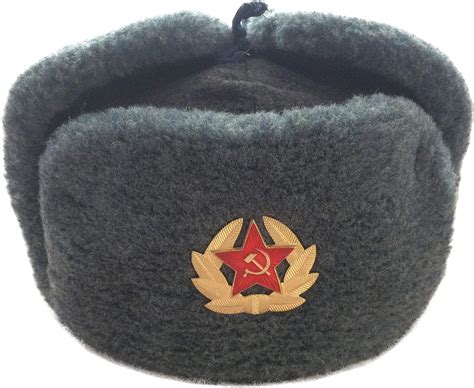 russian soviet ussr army style military uniform fur ushanka cold war hat cap with badge grey