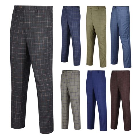 Mens Formal Suit Trousers Vintage Style Check Tailored Fit Smart Dress