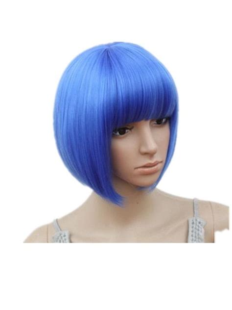 Fei Show Short Wavy Wig Flat Bangs Bob Blue Hair Synthetic Heat