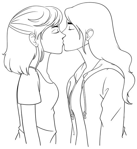 レズビアンのカップルの漫画のキス概要落書き 無料のベクター
