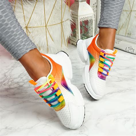 WOMENS LADIES LACE UP RAINBOW CHUNKY TRAINERS PARTY SNEAKERS WOMEN ...
