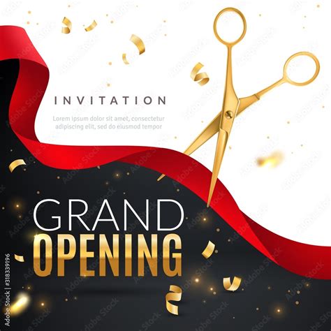 Grand Opening Golden Confetti And Scissors Cutting Red Silk Ribbon