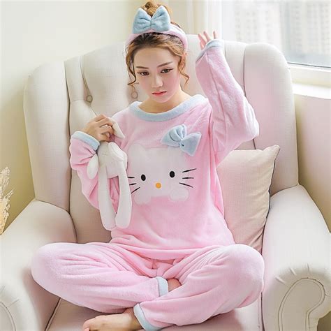 Women Pajama Sets With Hair Band Hello Kitty Women Clothing Girls Cat