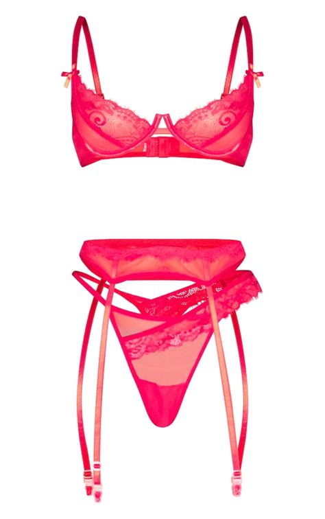 Red Lace Detail Mesh 3 Piece Lingerie Set Prettylittlething Aus