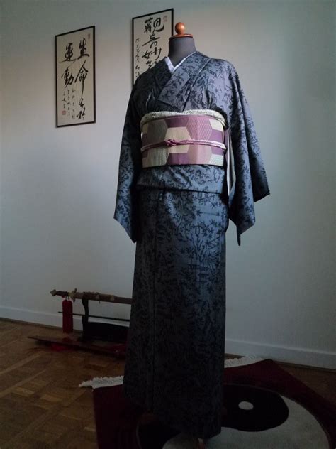 Tsumugi Kimono In Indigo Assorted With A Purple Nagoya Obi Belt