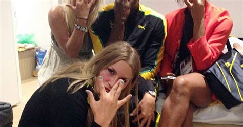 usain bolt parties with three of the swedish women s handball team with hours after 100m win