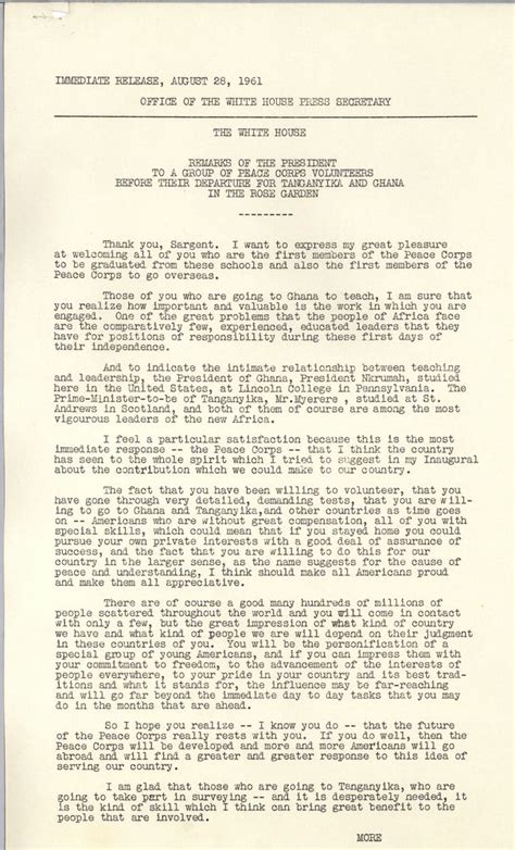 Remarks To Peace Corps Volunteers 28 August 1961 Jfk Library