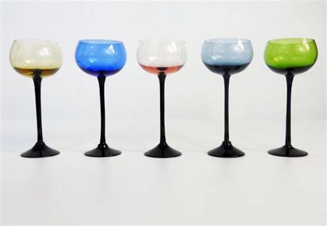 4 Vintage Black Stem Multi Colored Wine Glasses Set Of 5 Etsy Colored Wine Glasses Fancy