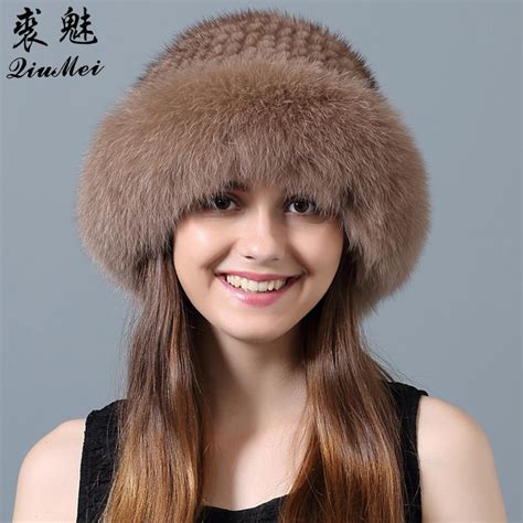 Girls Real Mink Fur Hat Caps Russian Winter With Fox Fur Trim For
