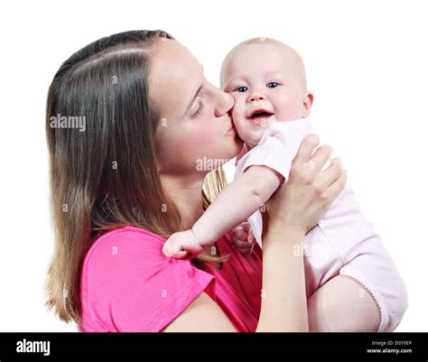 Young Mother Kiss Her Baby Isolated On White Stock Photo Alamy