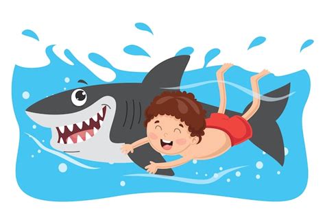 Ilustración De Vector De Niño Nadando Con Tiburón Vector Premium